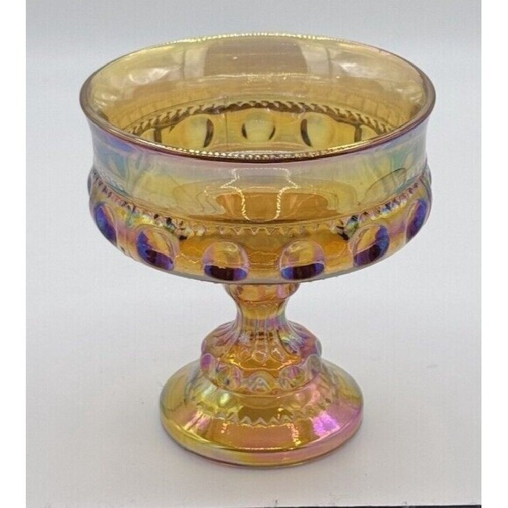 Kings Crown Indiana IRIDESCENT AMBER MARIGOLD Carnival Glass Candy Dish Compote
